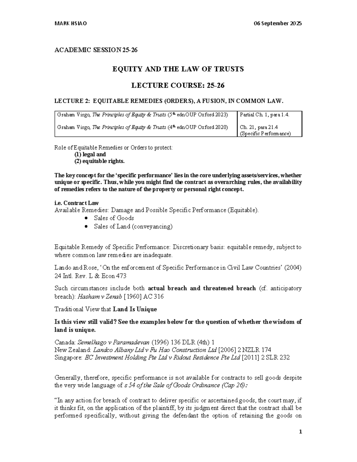 MARK HSIAO: LECTURE 2 - EQUITABLE REMEDIES IN TRUST LAW - Studocu