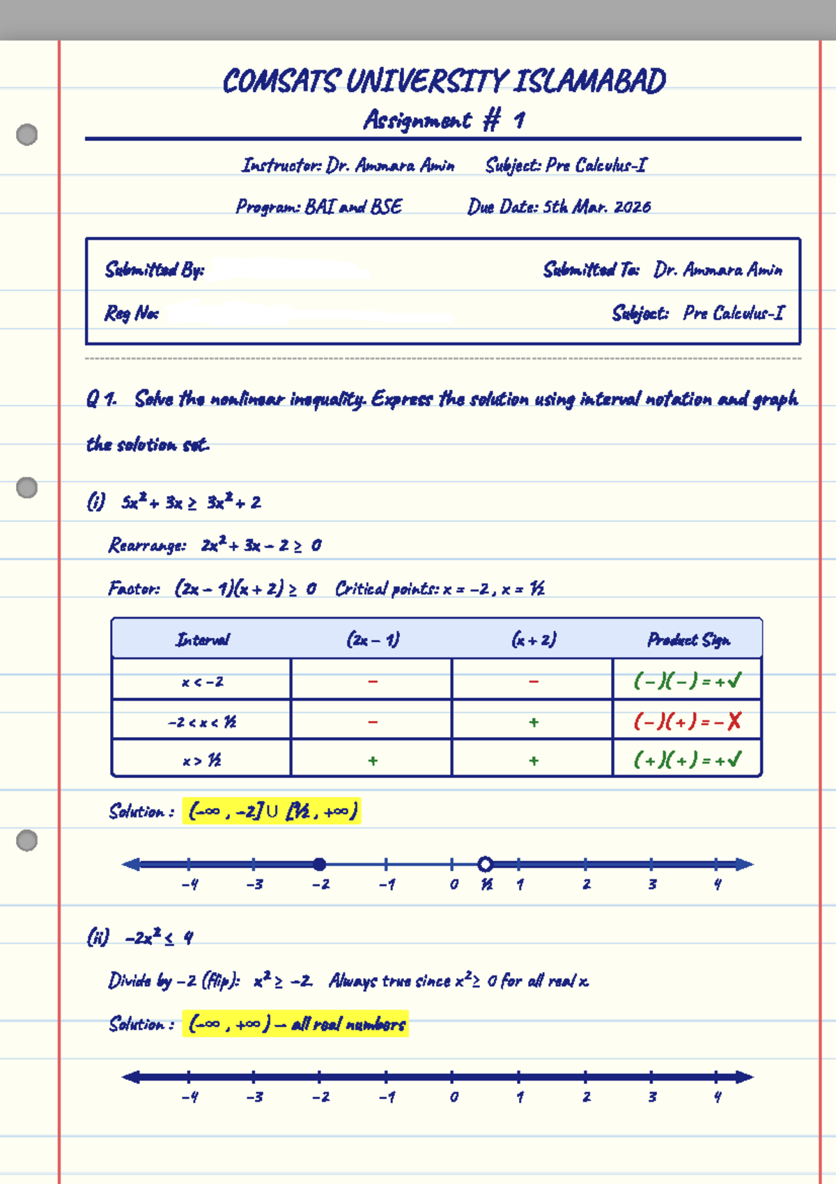 Assignment #1 - Pre Calculus I (COMSATS) - Nonlinear Inequalities ...