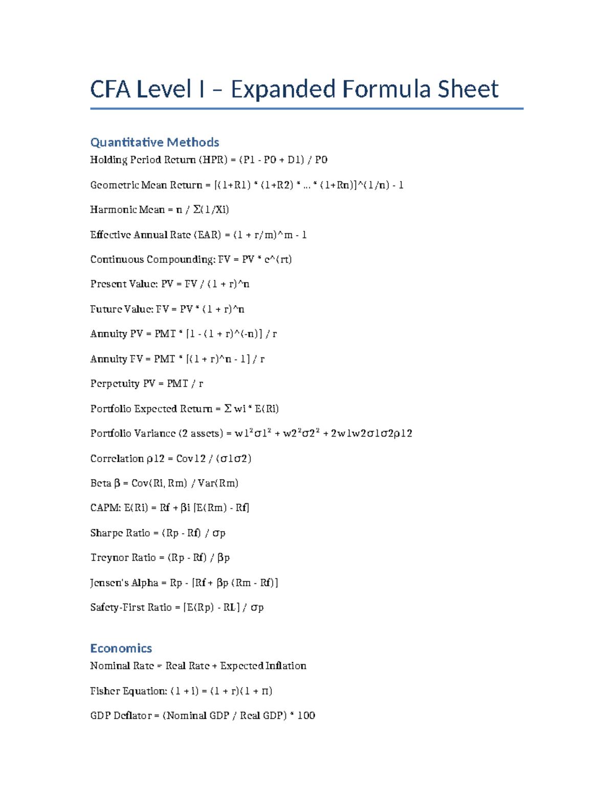 CFA Level I Final Exam Expanded Formula Sheet for Quantitative Methods ...
