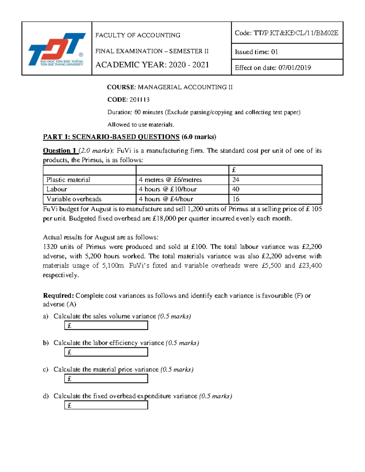 Final Exam - Managerial Accounting II (201113) - Semester II 2020-2021 ...
