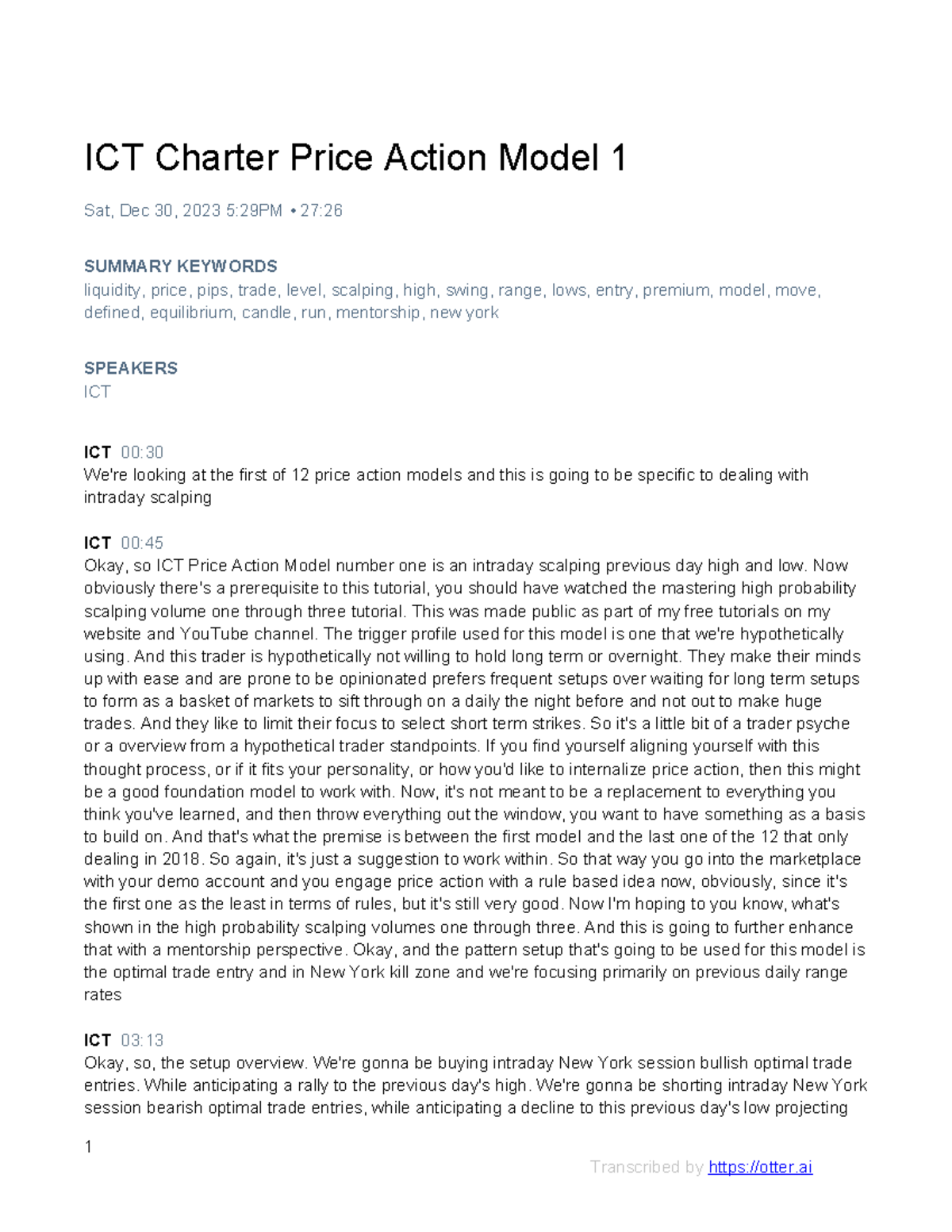 Intraday Scalping Guide: ICT Charter Price Action Model 1 - Studocu