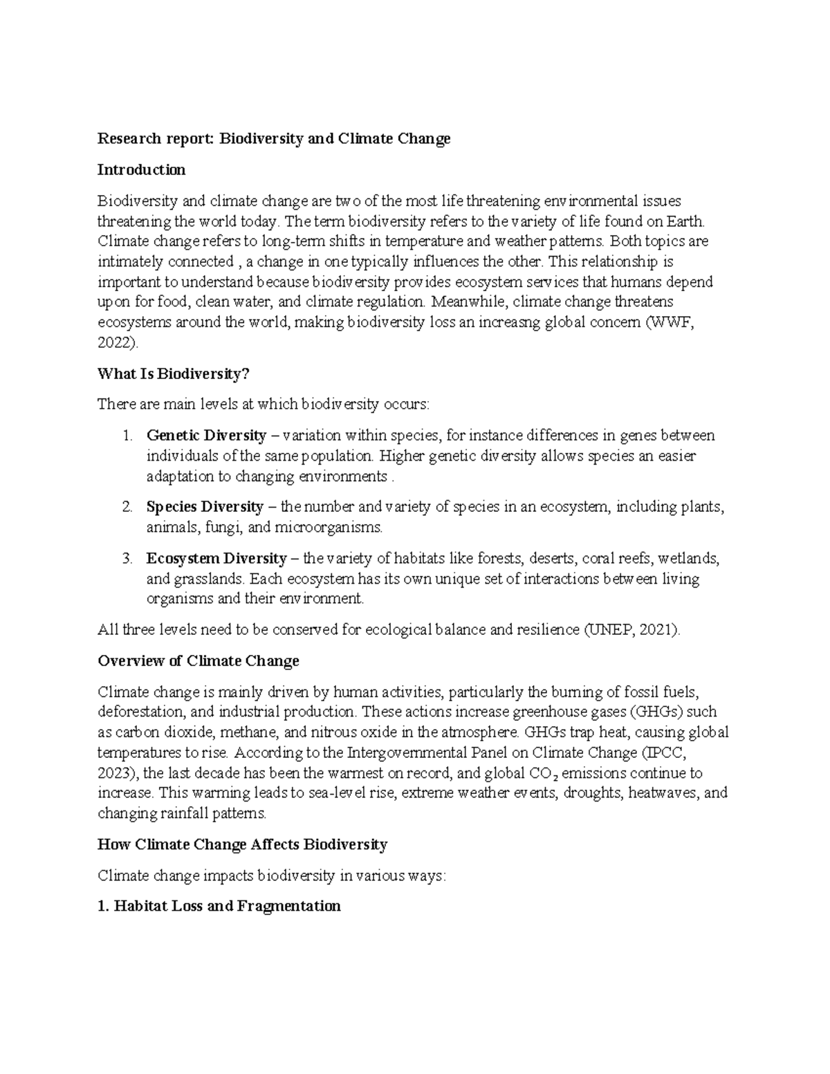 Biodiversity and Climate Change Research Report: Key Insights - Studocu