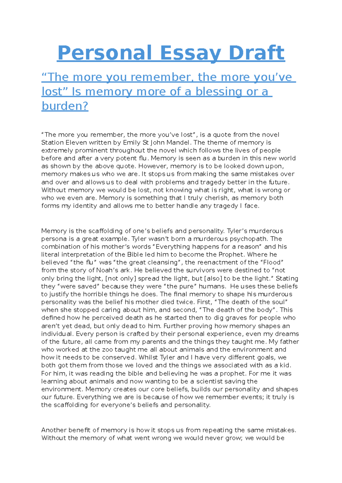 ENG 101: Personal Essay Draft - The Blessing and Burden of Memory - Studocu