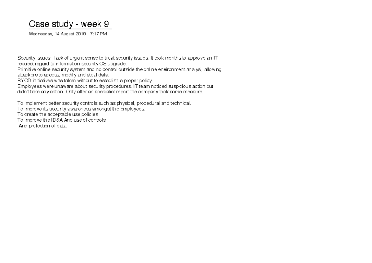 IT Security Case Study Summary - Case study - week 9 Wednesday, 14 ...