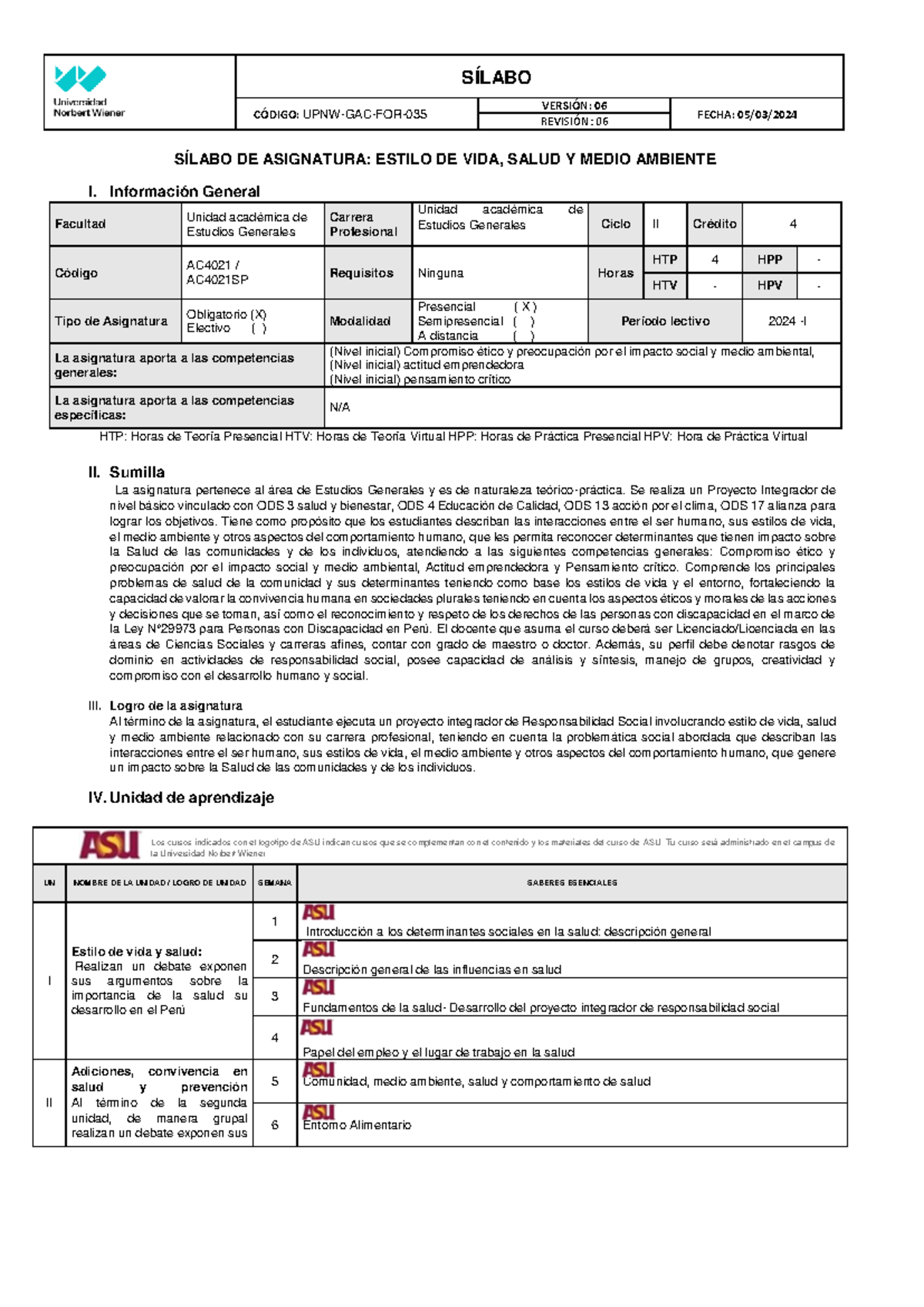 Sílabo 2024 I Estilo de Vida, Salud y Medio Ambiente - UPNW-GAC-FOR-035 - Document Preview