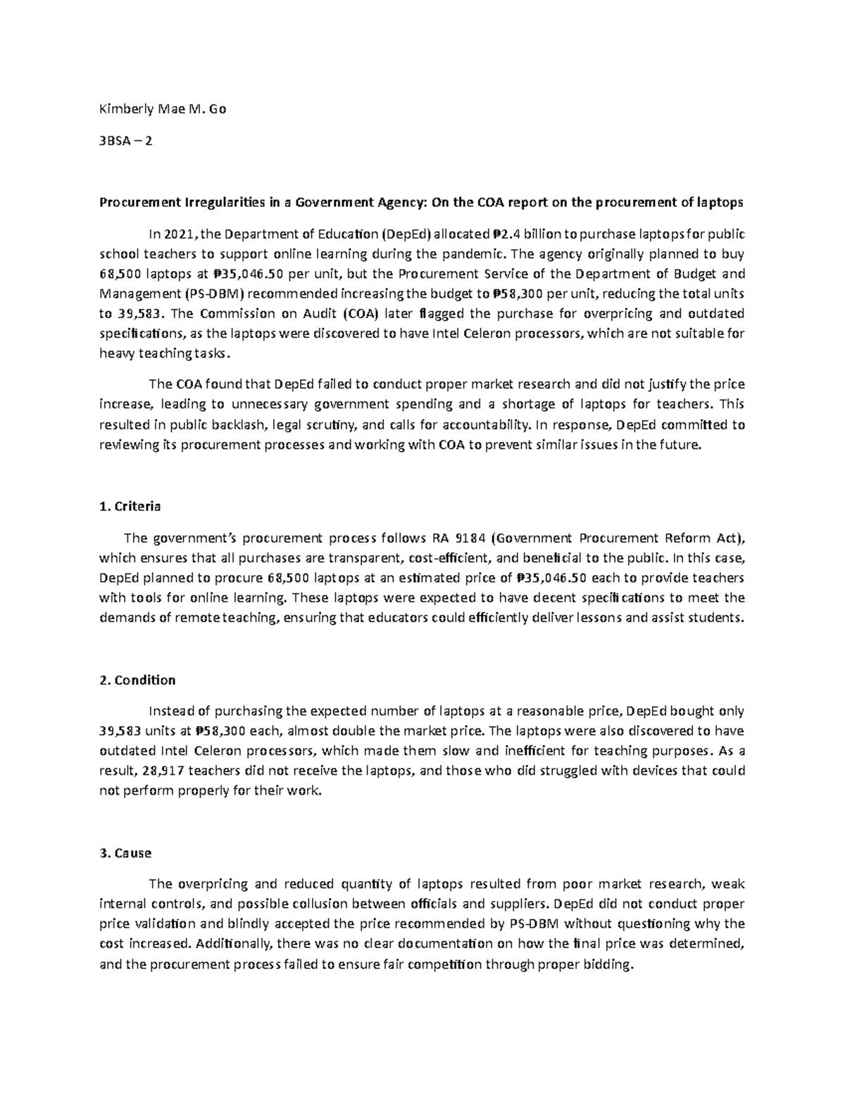 Case - case study audit - Kimberly Mae M. Go 3BSA – 2 Procurement ...