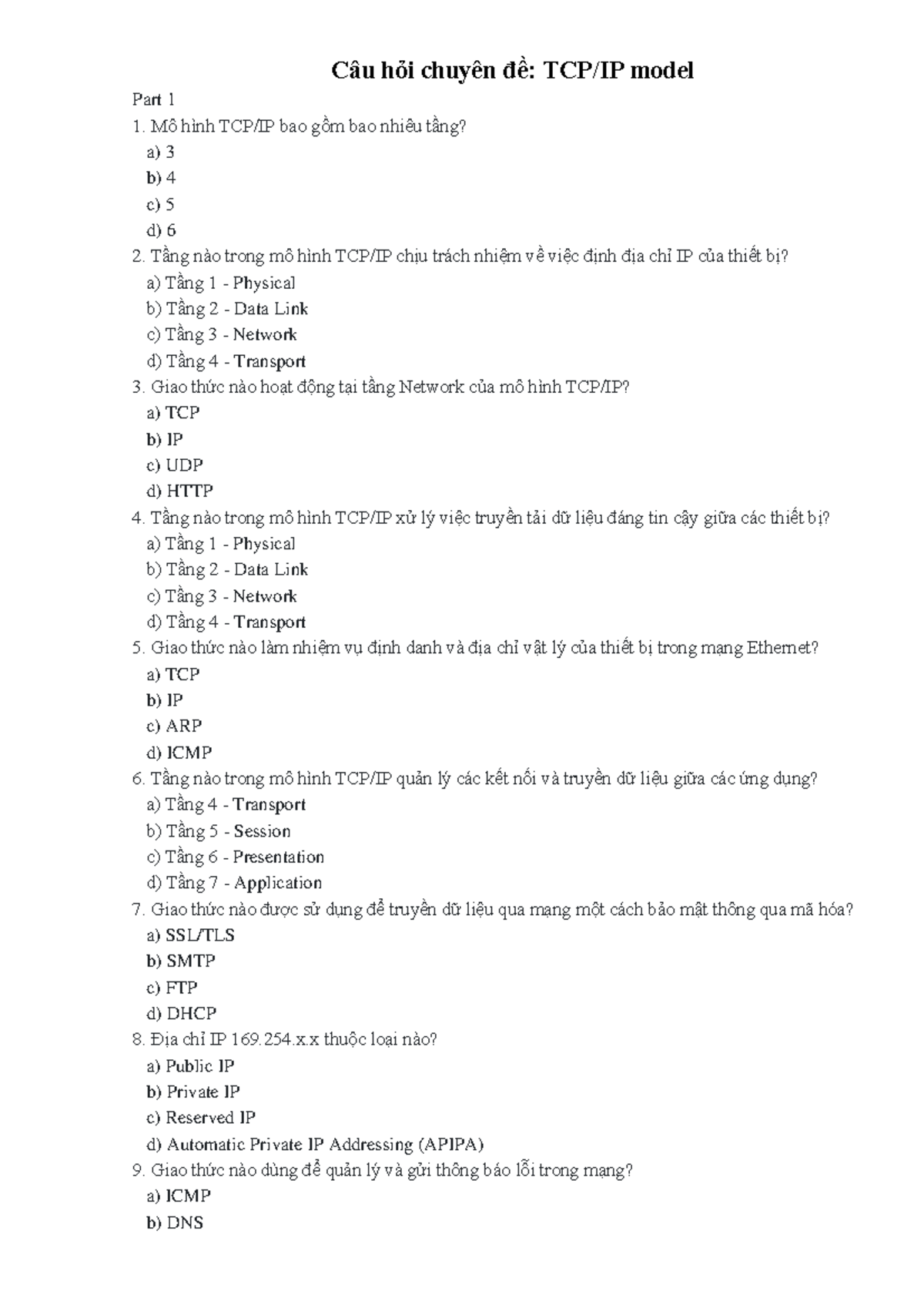Câu hỏi Ôn thi mô hình TCP/IP và Giao thức mạng IP 23012023 - Studocu