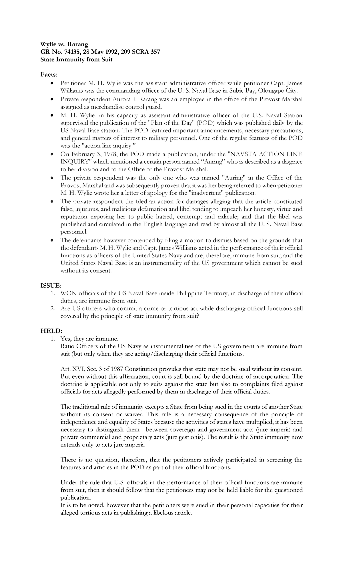 77 - Wylie v. Rarang: State Immunity & Liabilities Explored - Studocu