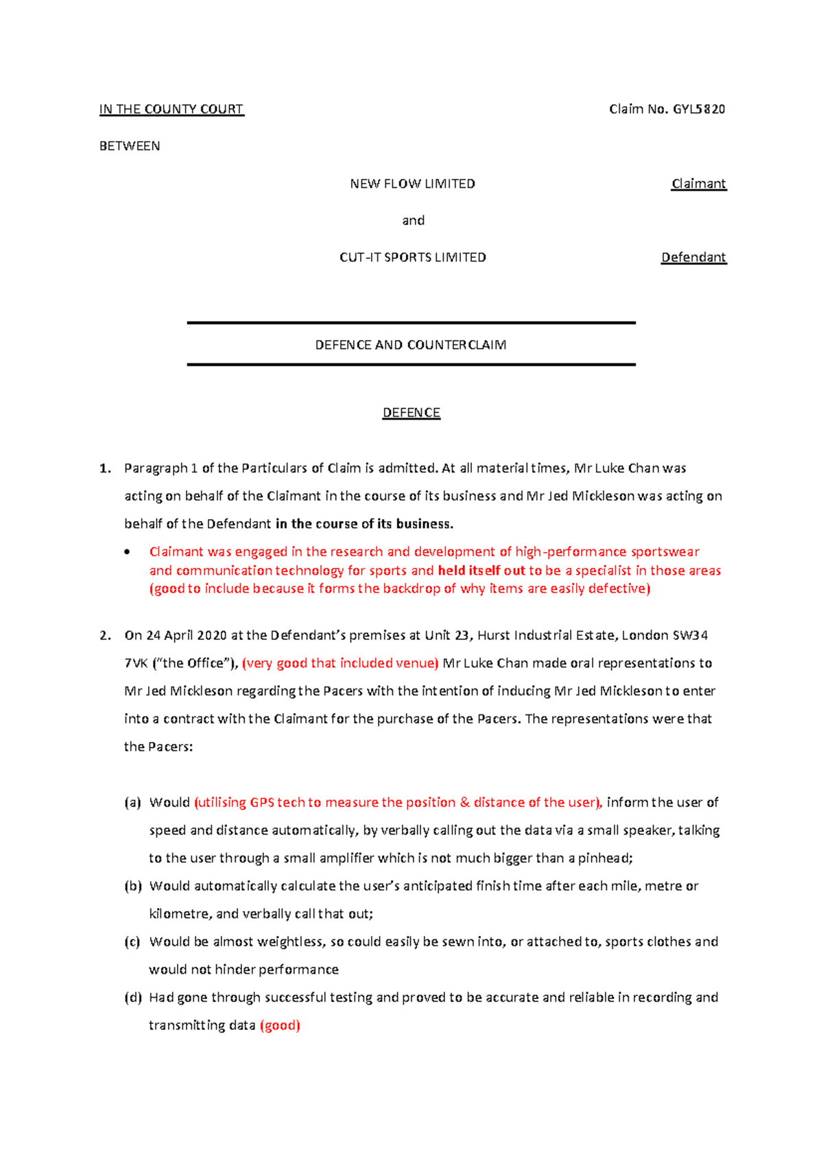 Defence & Counterclaim Drafting Feedback - Claim No. GYL - Studocu