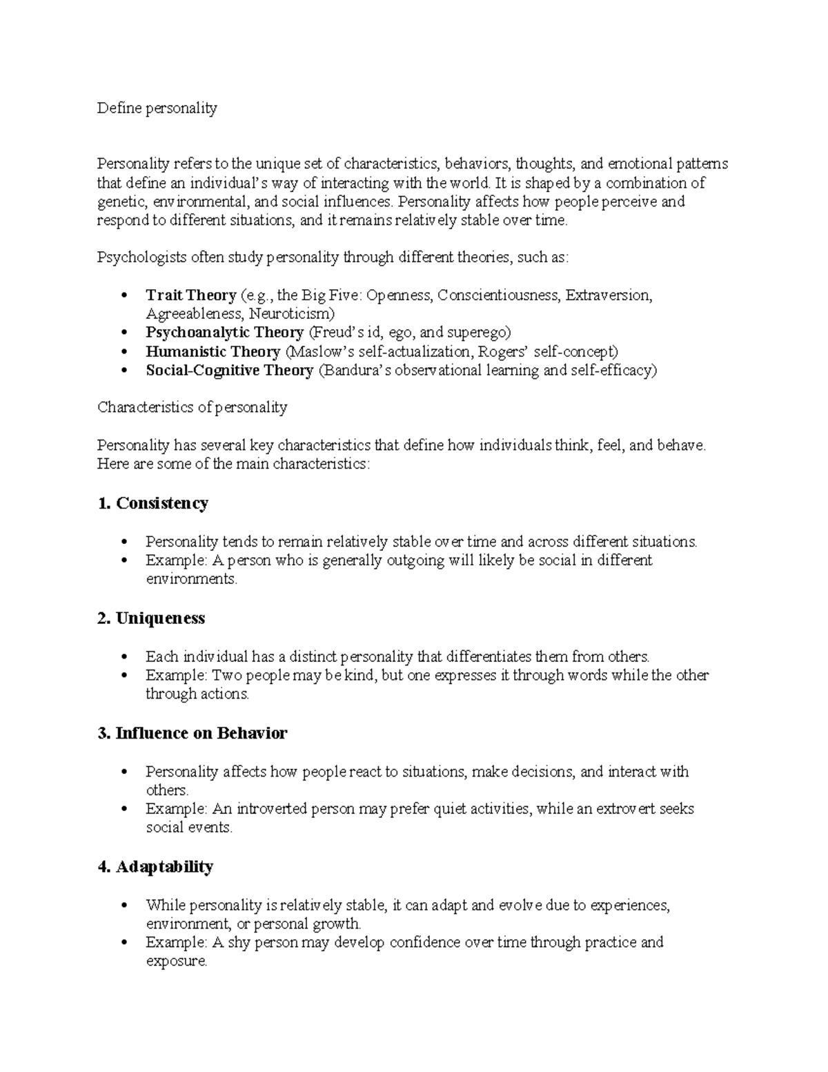 Personality Theory 2 Notes: Key Concepts and Influences - Studocu