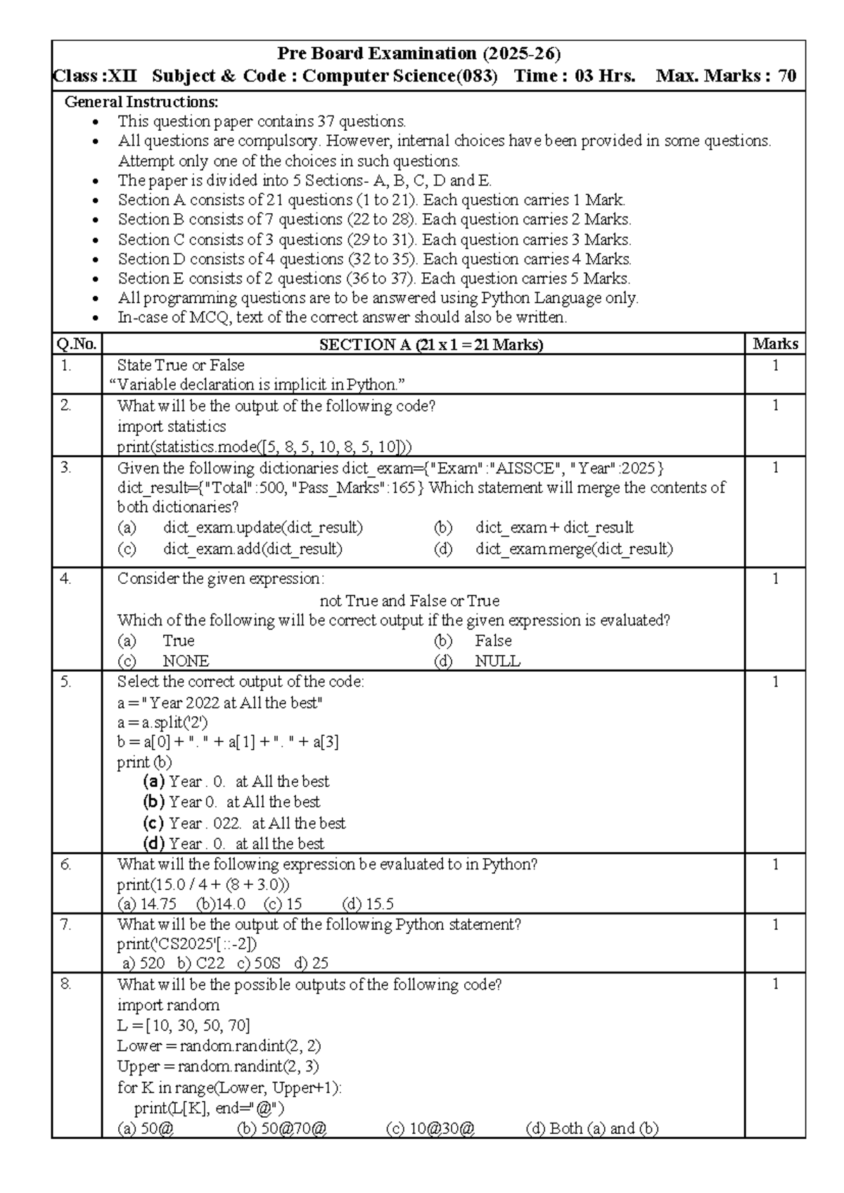 CS 083 XII Pre Board Exam Sample Paper - Computer Science - Studocu