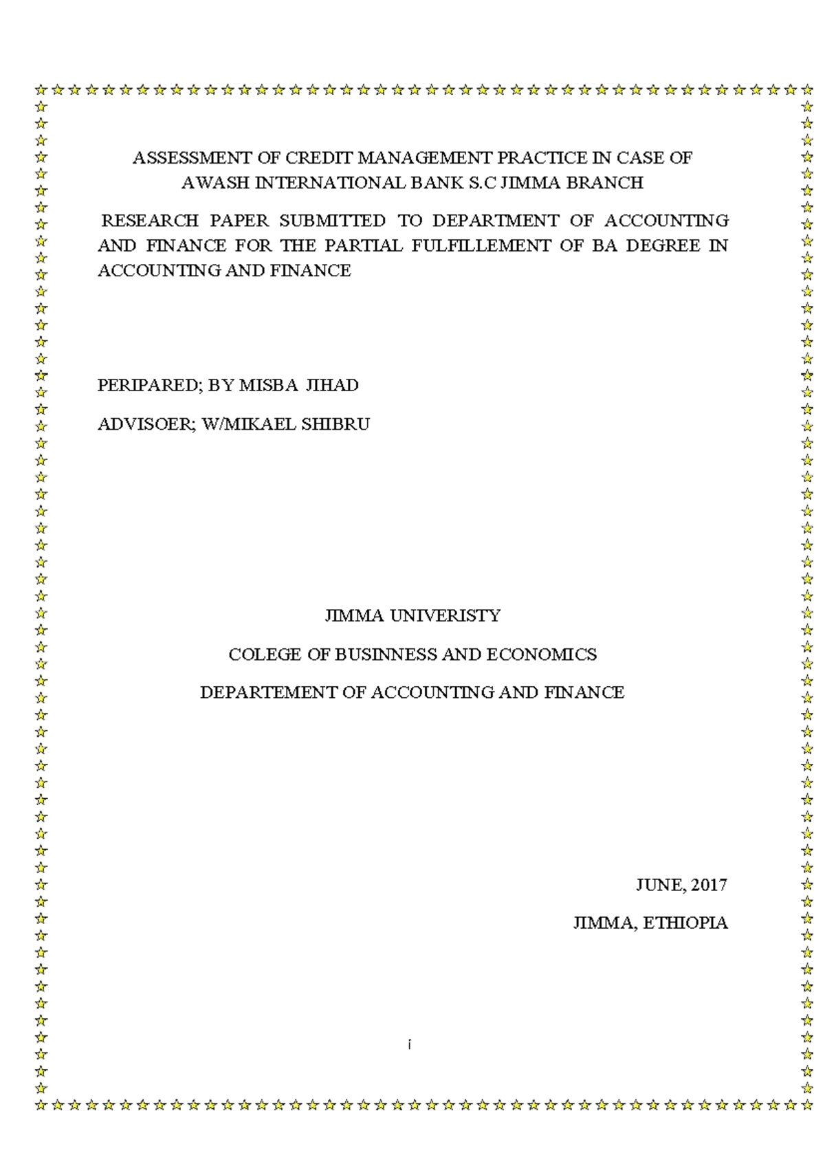 Assessment of Credit Management Practices at Awash International Bank S ...