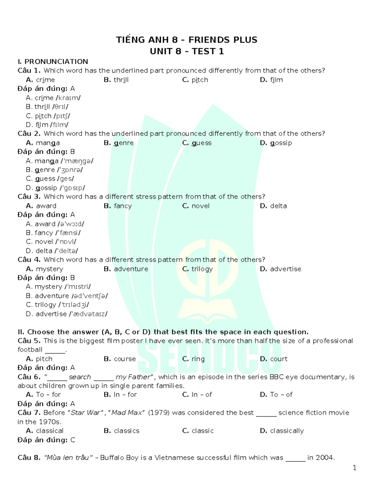Tieng Anh 8 Friends Plus - Unit 8 - Test 1 - TIẾNG ANH 8 – FRIENDS PLUS ...