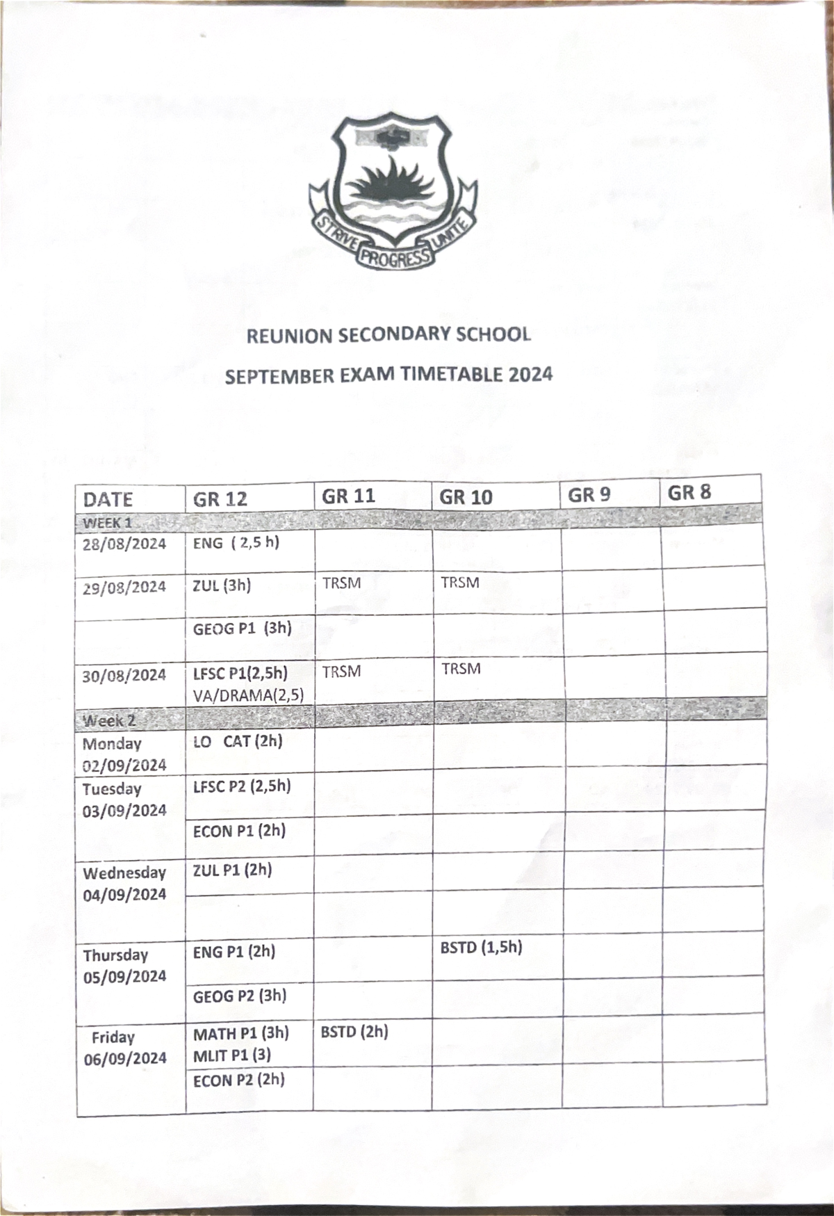 SEPT 2024 EXAM TIMETABLE FOR GR 8-12 - STRME SCHOOL - Studocu