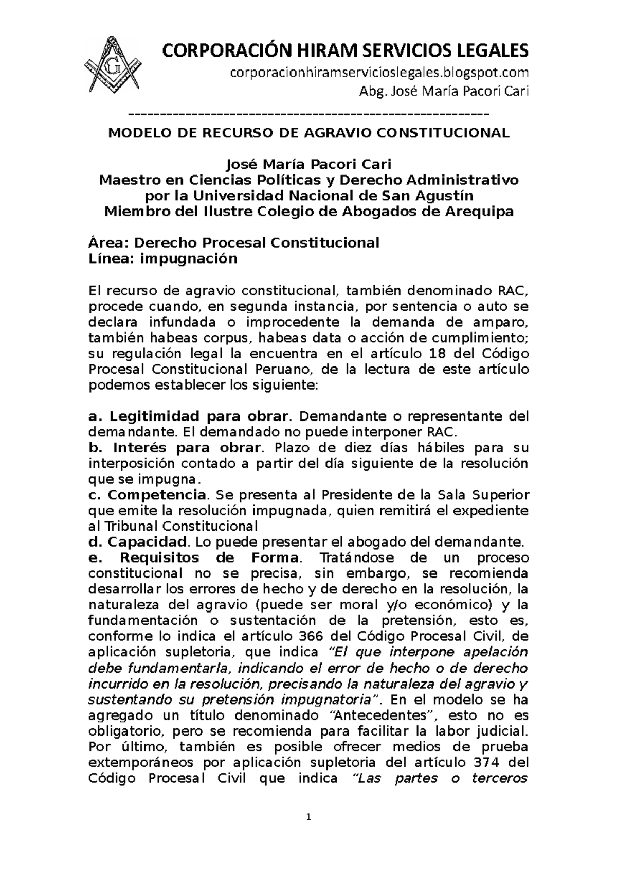 Modelo de Recurso de Agravio Constitucional - LP - Studocu