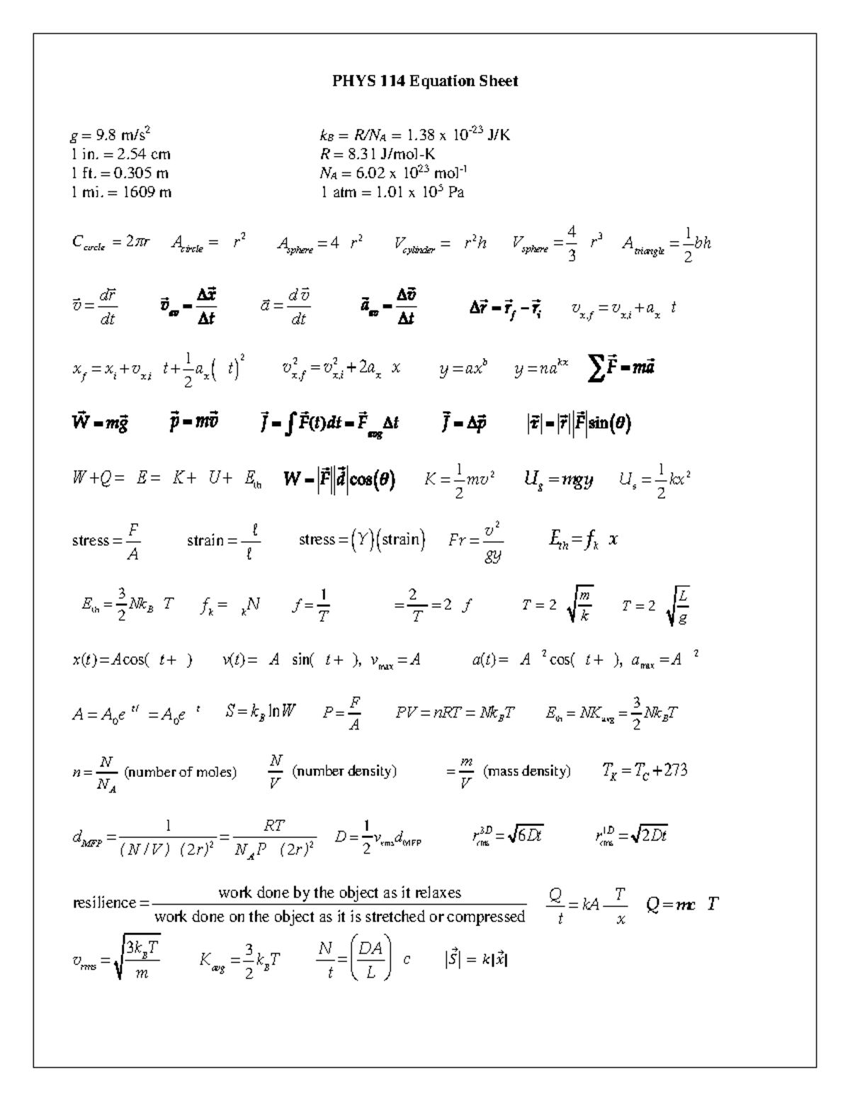 PHYS 114 Final Exam Equation Sheet and Formulas - Studocu