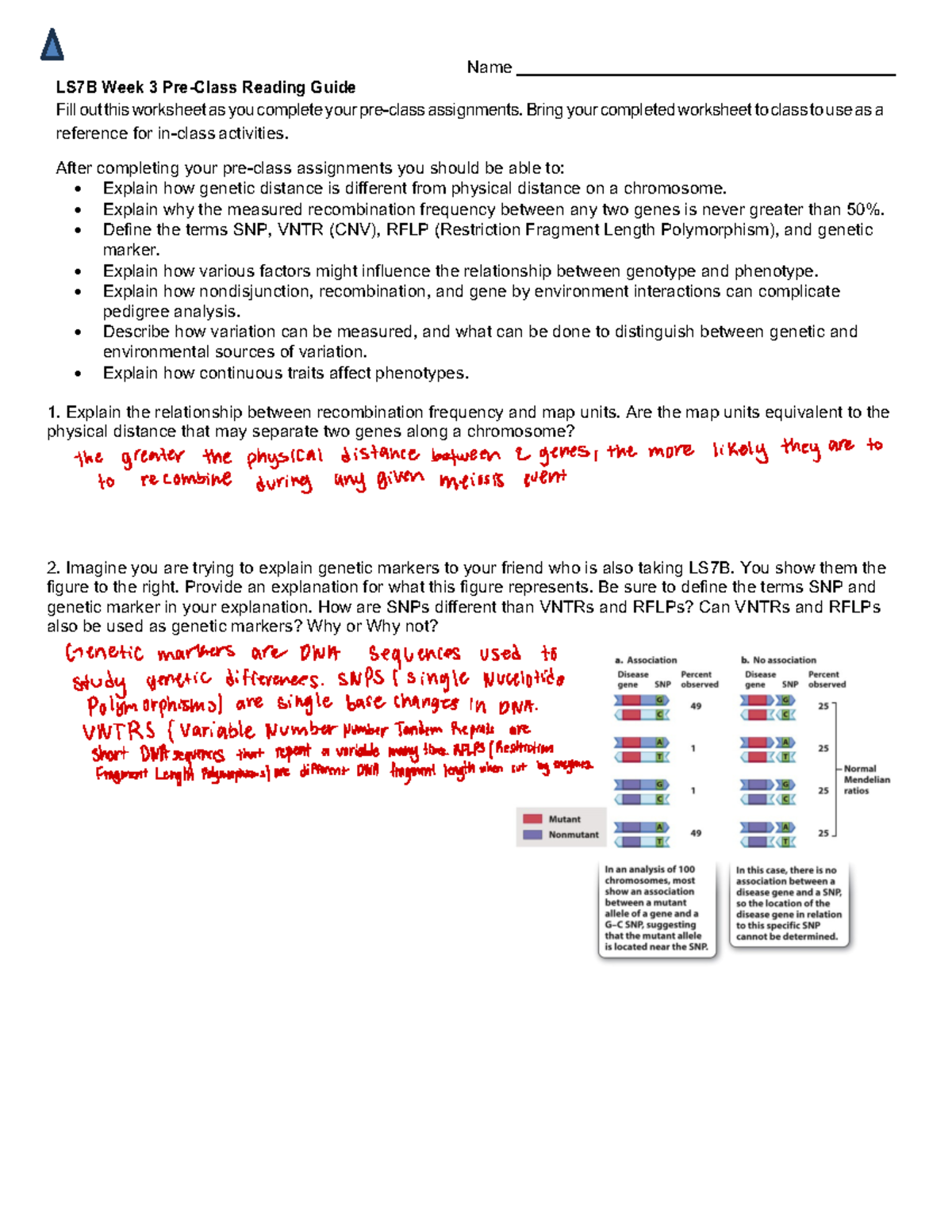 LS7B Week 3 Pedigrees Recombination Lab Worksheet Alt - Name