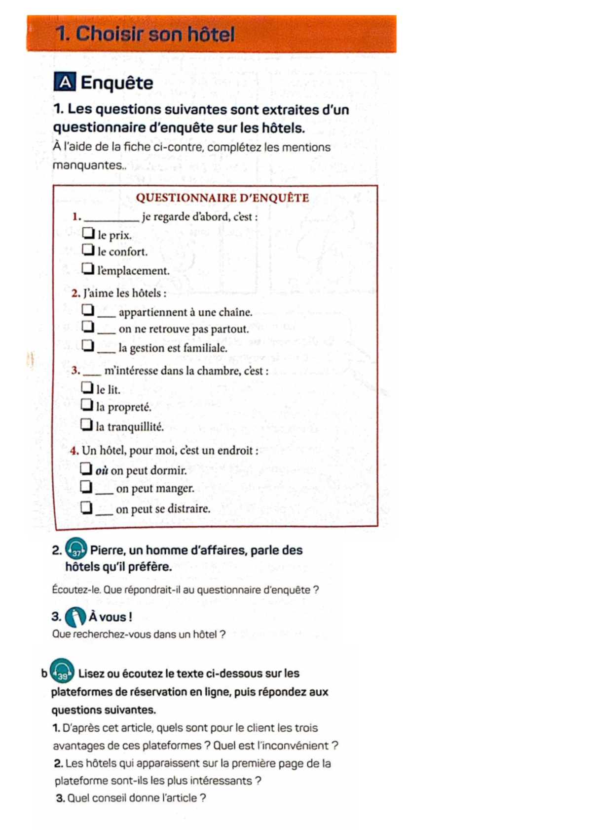 Hôtel - Questionnaire et Notes de Cours A - Studocu