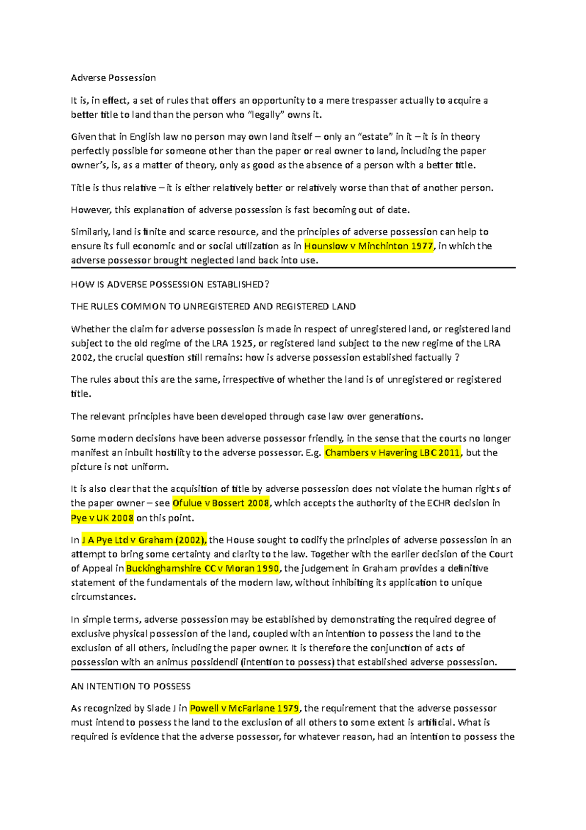 Adverse Possession Notes - Land Law Overview and Key Principles - Studocu