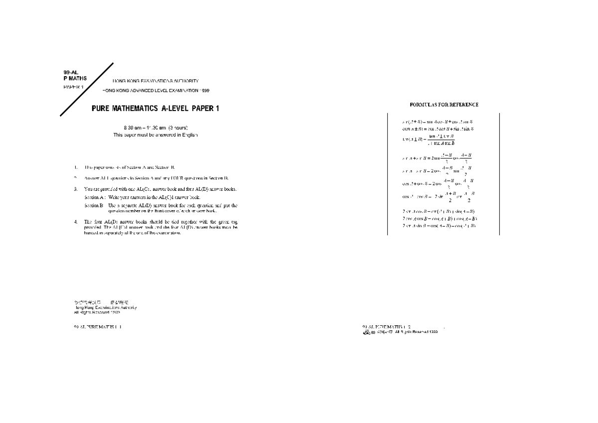 P MATHS HONG KONG ADVANCED LEVEL EXAMINATION FORMULAS FOR REFERENCE ...