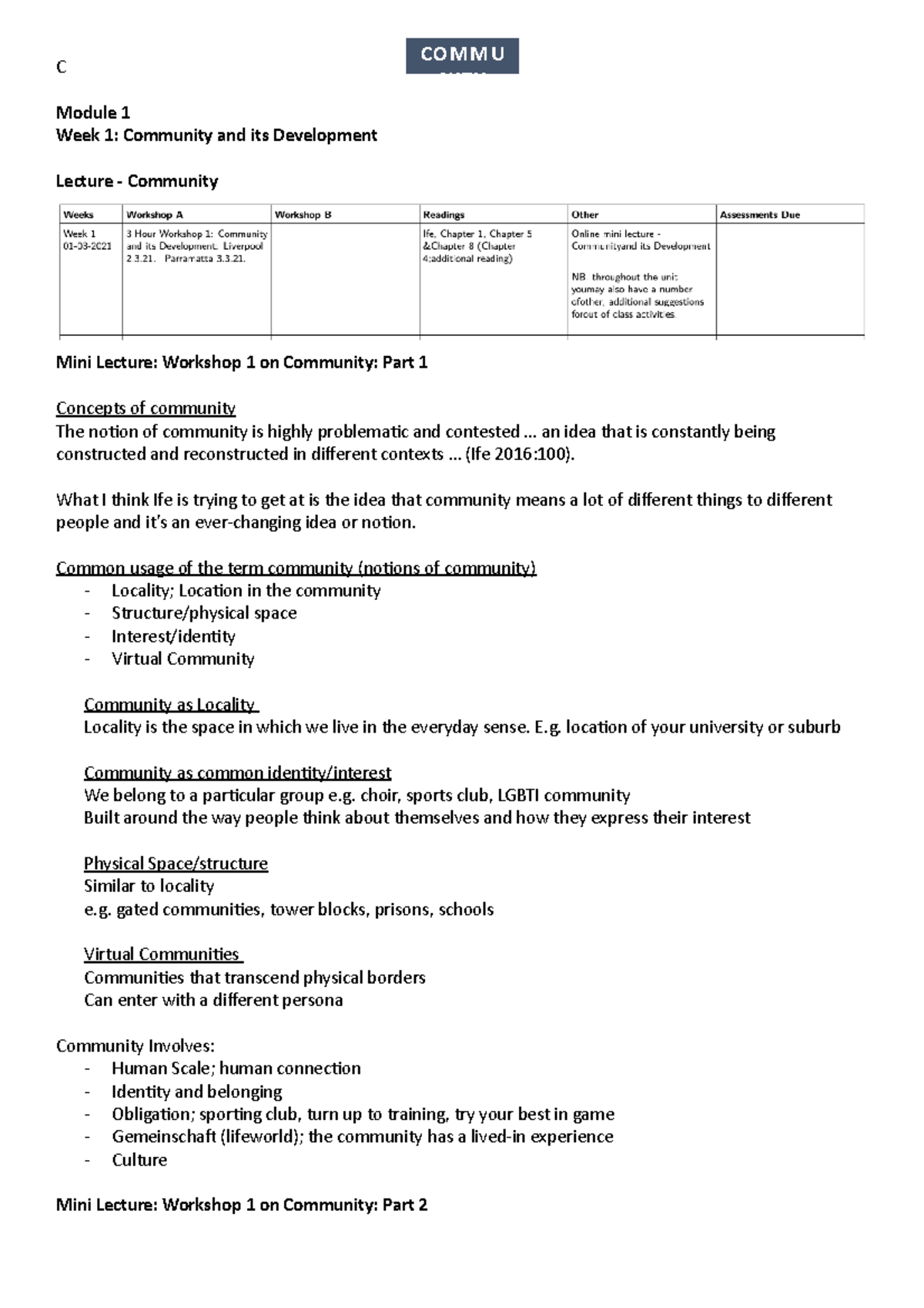CWD 101 Lecture Notes: Community Work and Development Overview - Studocu