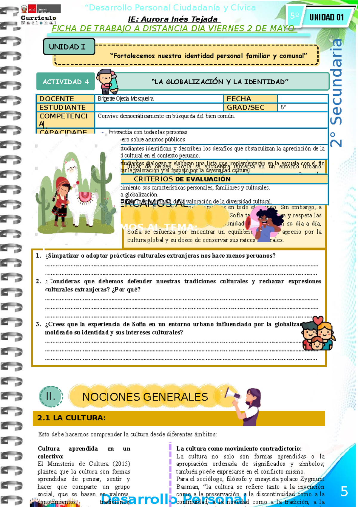 5° DPCC - Ficha de Trabajo: Identidad y Globalización en la Cultura 2024 - Document Preview