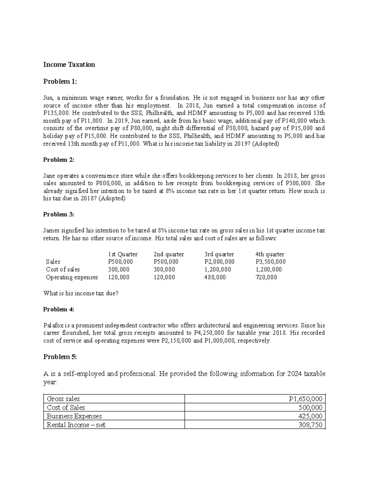 Taxation Problems Review: Income Tax Liabilities & Calculations - Studocu