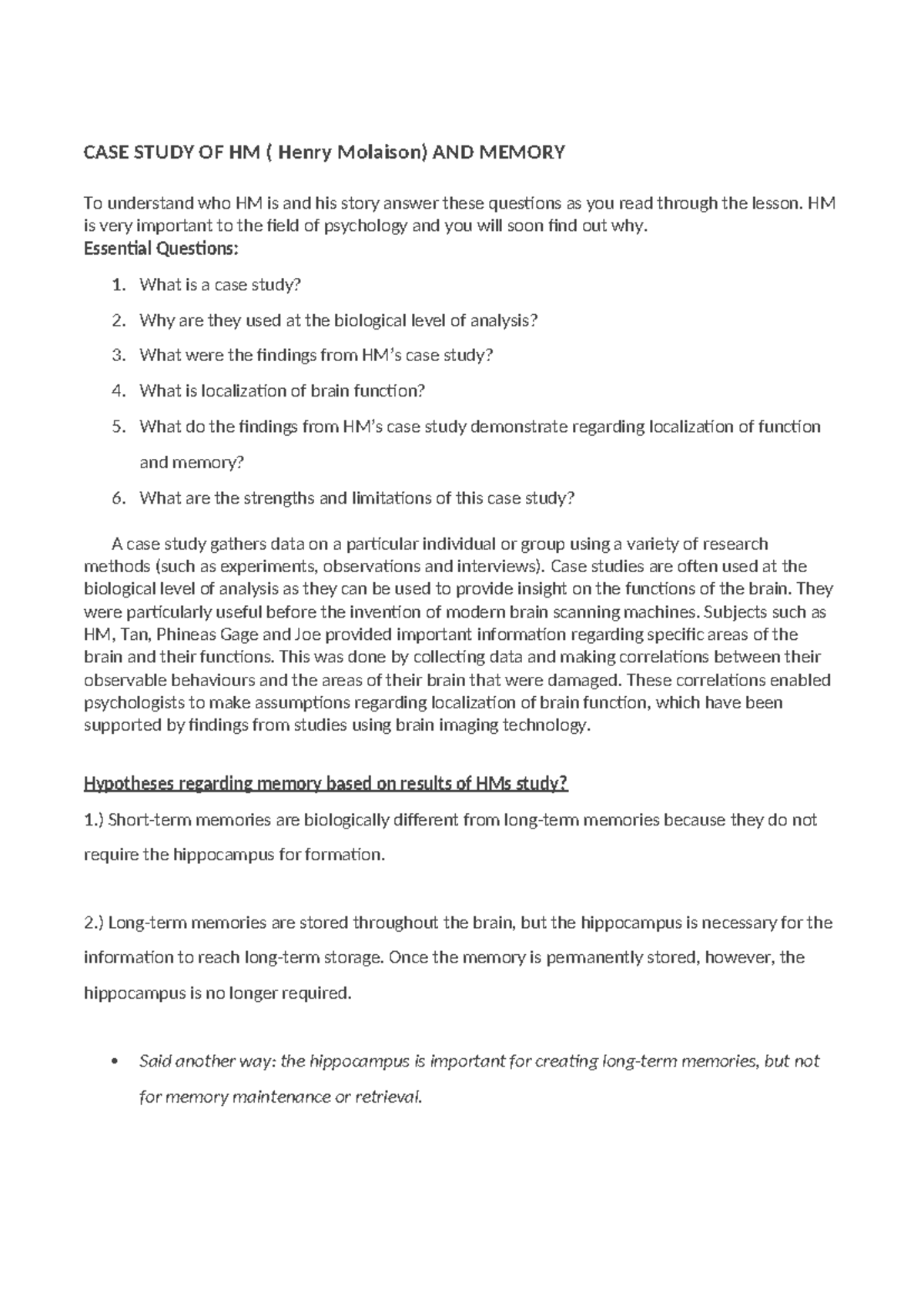 Case Study of HM: Memory & Brain Localization - PSYCH 201 - Studocu