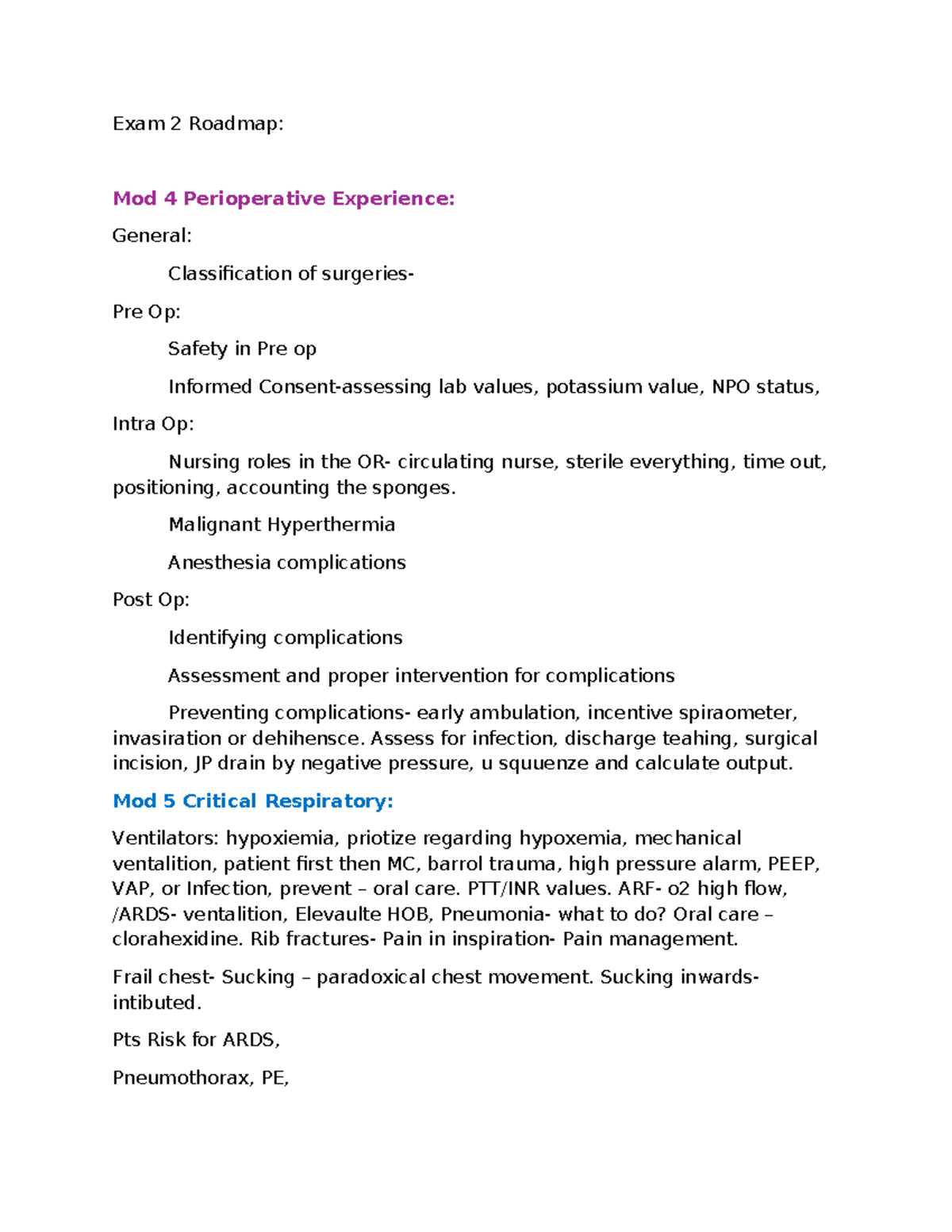 Exam 2 Roadmap: Mod 4 & 5 Perioperative & Respiratory Care Insights ...