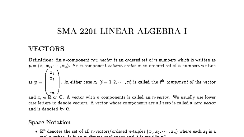 SMA 2201 Linear Algebra I: Comprehensive Notes on Vectors - Studocu