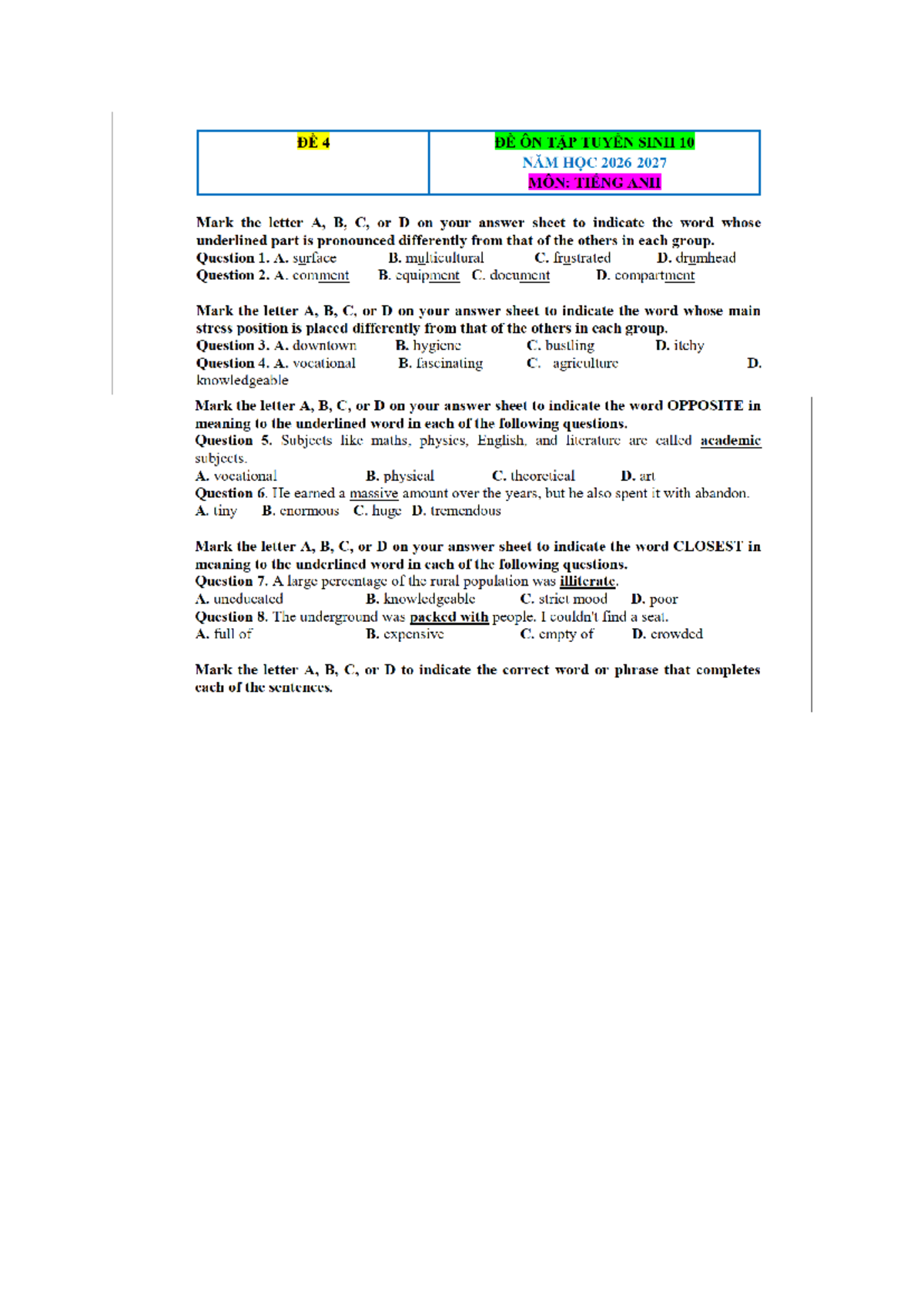 BTVN 8 - Pronunciation and Vocabulary Practice Test - Studocu