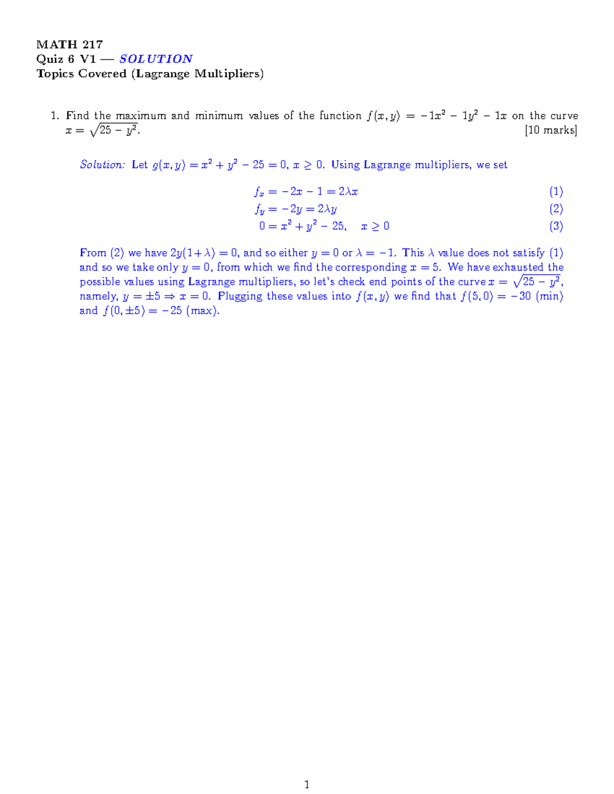 MATH 217 Quiz 6 V1 solution on Lagrange multipliers and optimization ...