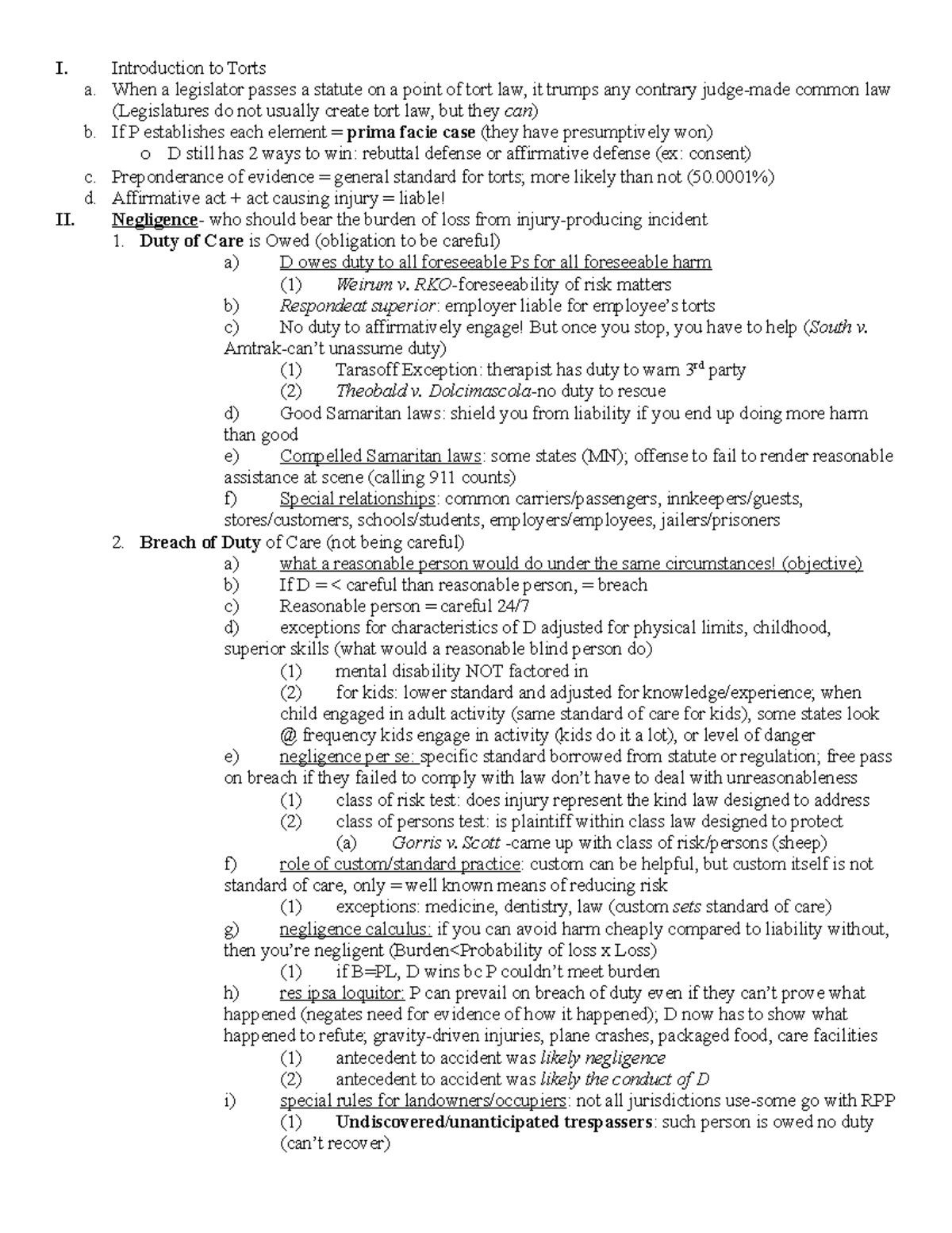 Torts Law Outline: Key Concepts and Principles for Exam Review - Studocu