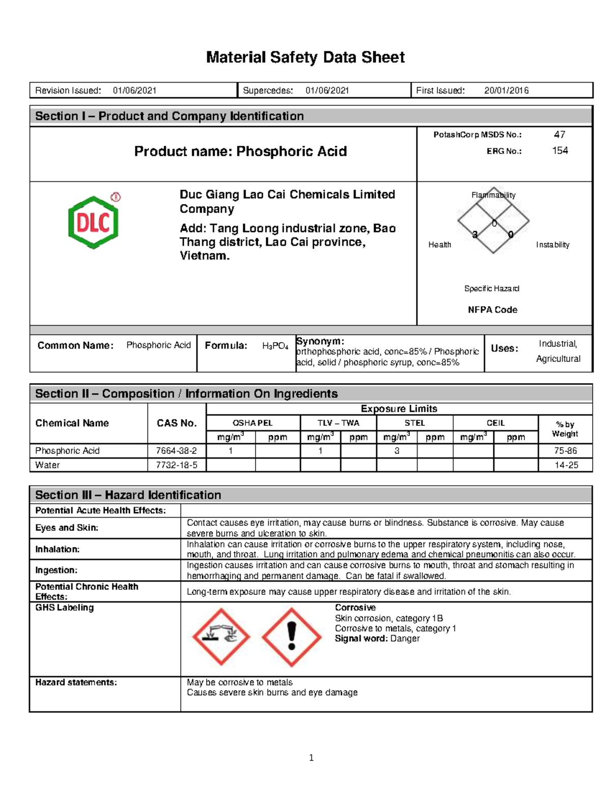 Updated MSDS for H3PO4: Material Safety Data Sheet for Phosphoric Acid ...