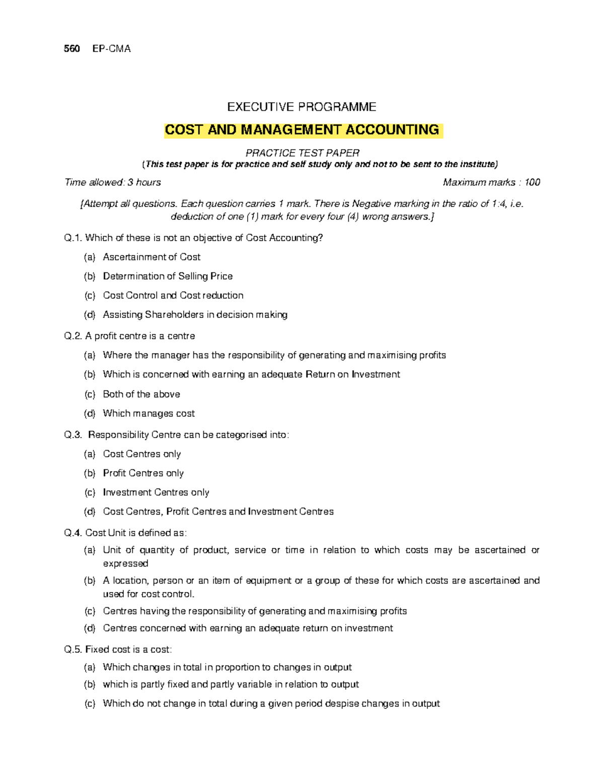 Practice Test Paper for Cost and Management Accounting (560 EP-CMA ...