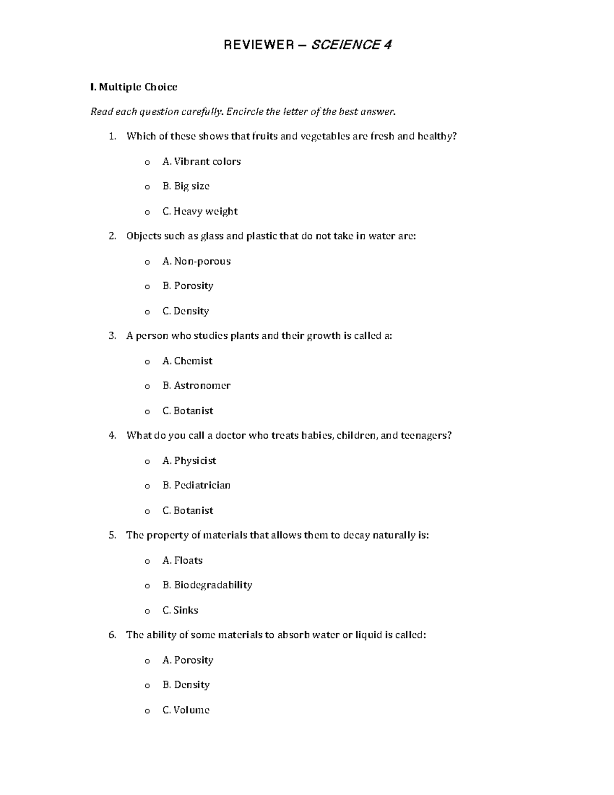 REVIEWER SCIENCE 4: 1st Quarter Multiple Choice & Creative Task - Studocu