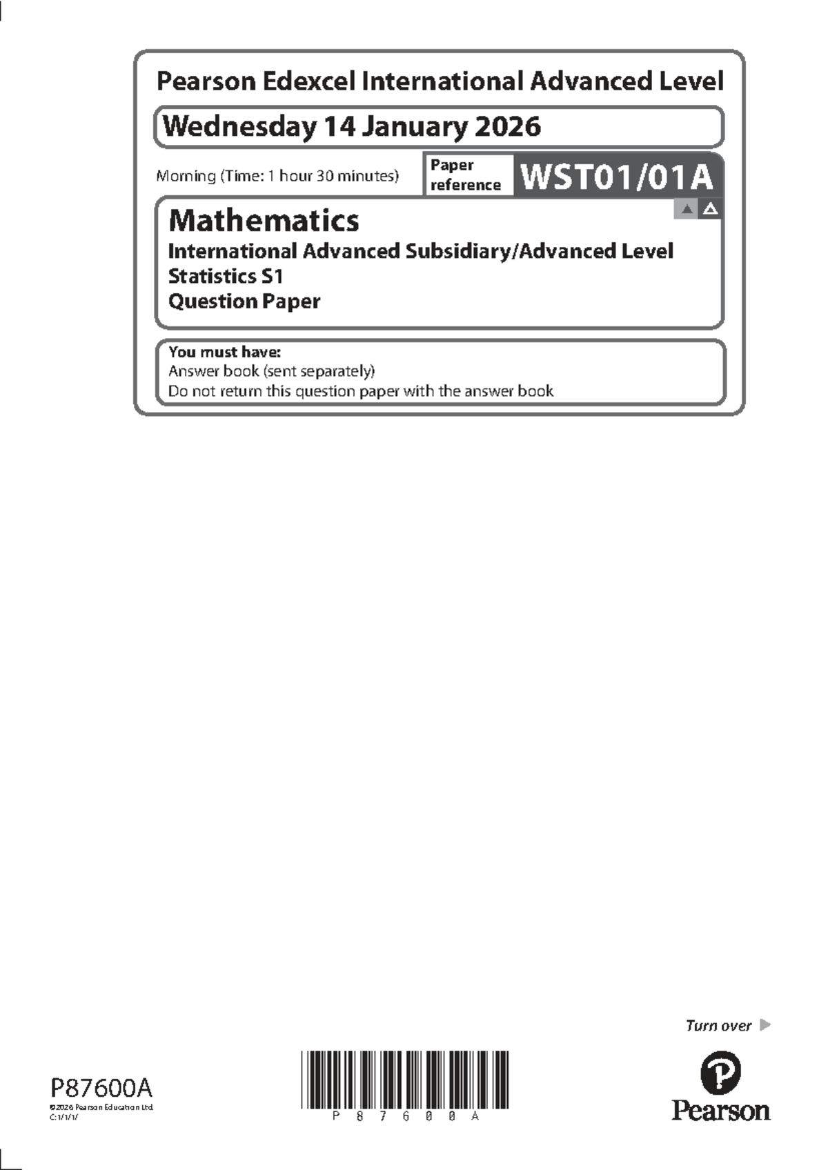 Mathematics International A Level S1 Question Paper - January 2026 ...