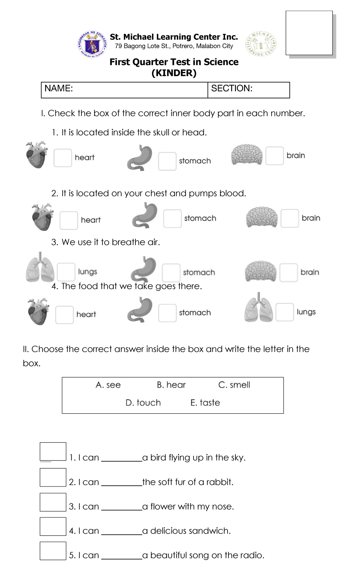 Kinder 1st Quarter Science Test (KINDER) - Body Parts & Senses - Studocu