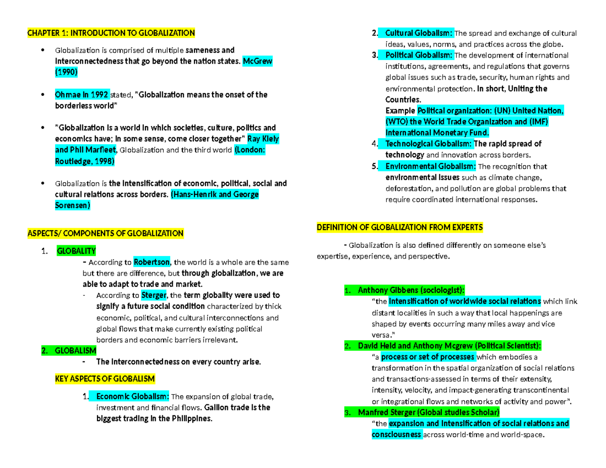 GEC TCW Chapter 1 Globalization: Key Concepts and Perspectives - Studocu