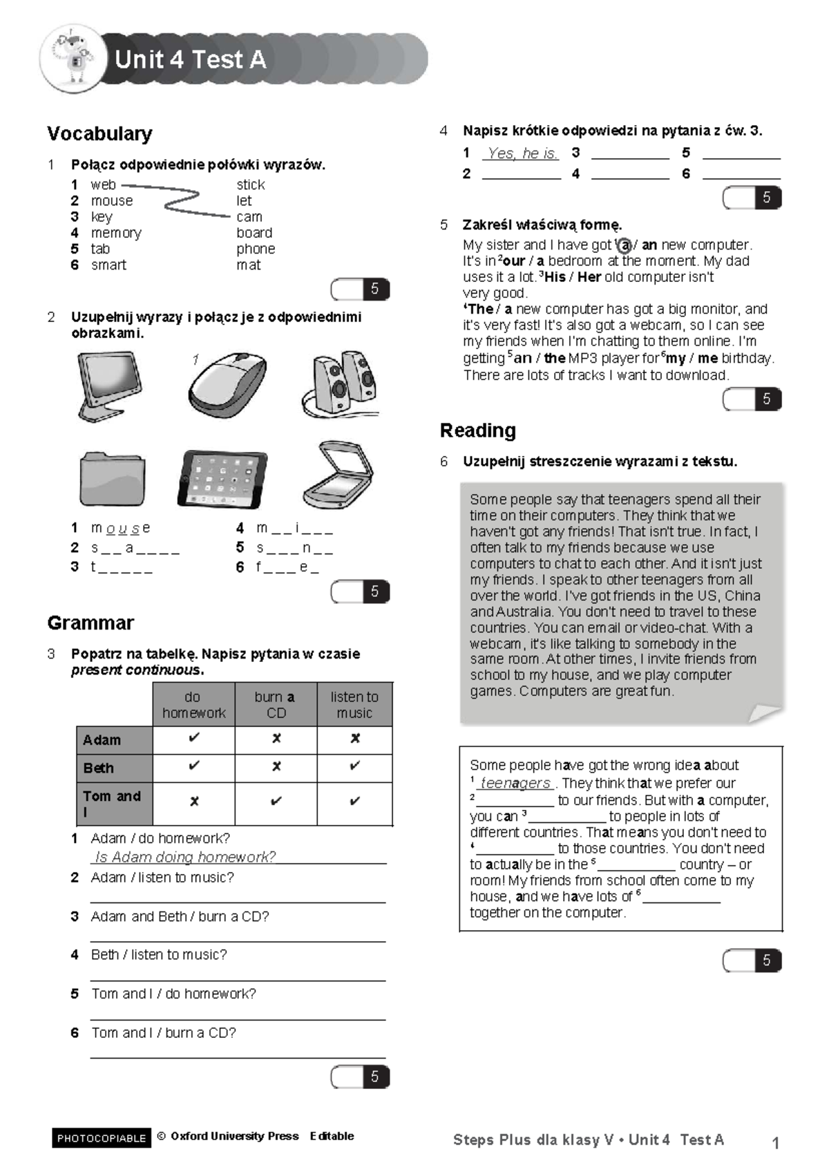 Unit 4 Test A Vocabulary & Grammar Exercises for Class V - Studocu