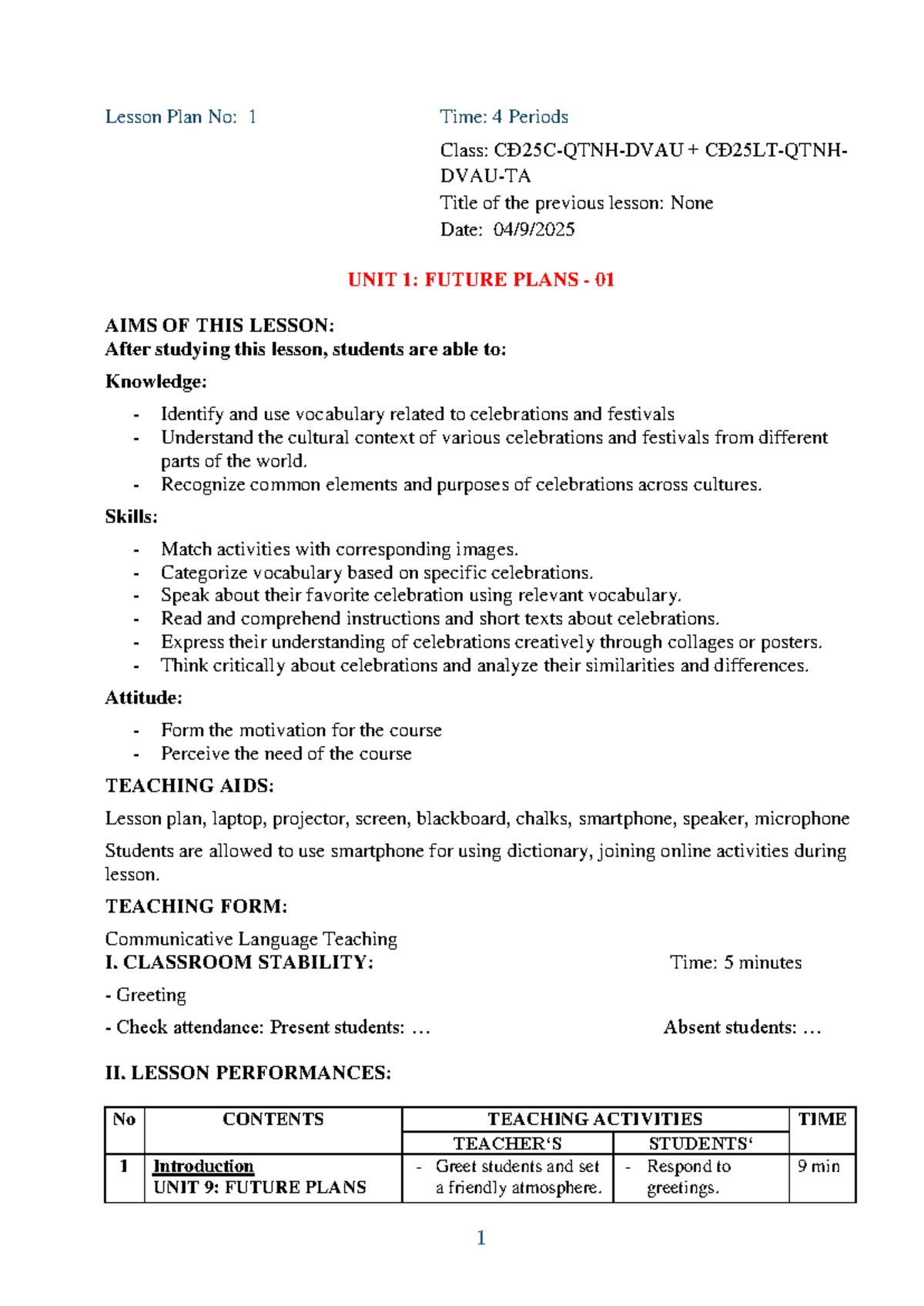 Lesson Plan No: 1 - Unit 1: Future Plans for Basic English - Studocu