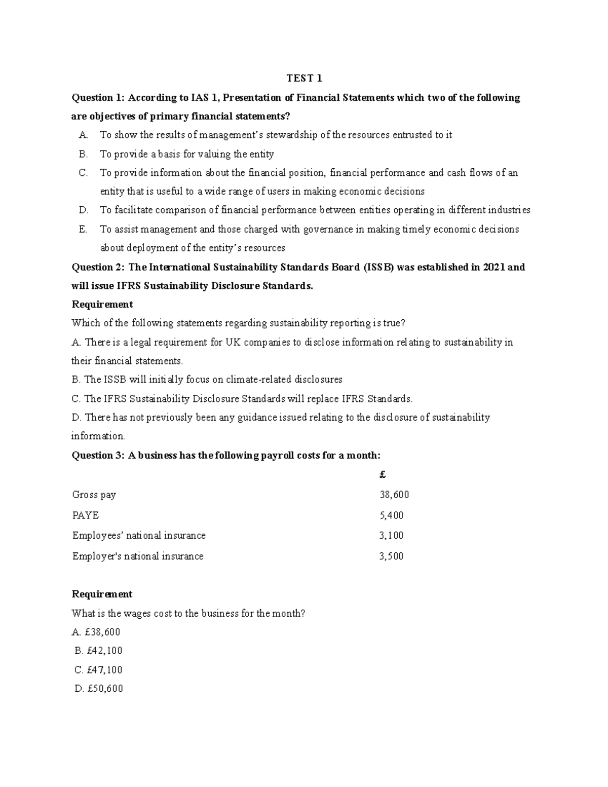 TEST 1 - Objectives of Financial Statements and Reporting Standards ...