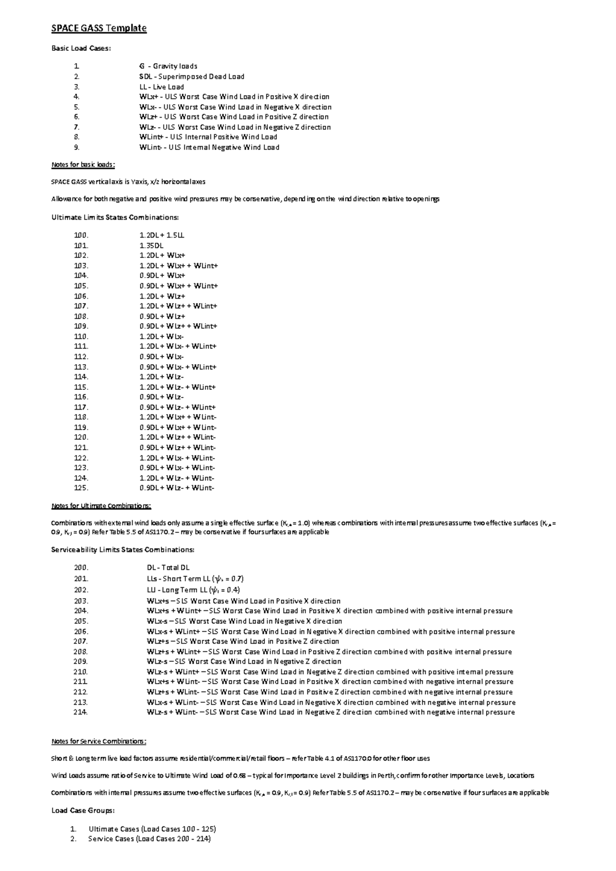 SPACE GASS Template: Basic Load Cases & Combinations - Lecture - Studocu