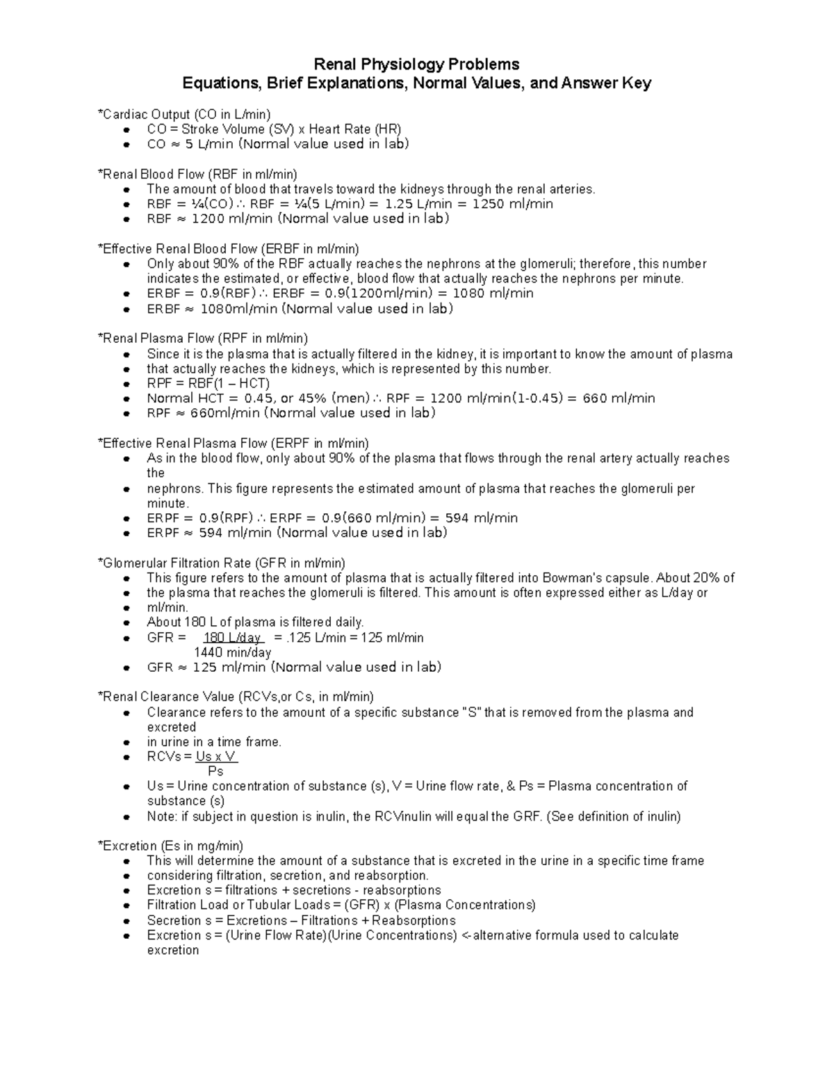 Renal Physiology Problems - Renal Physiology Problems Equations, Brief ...
