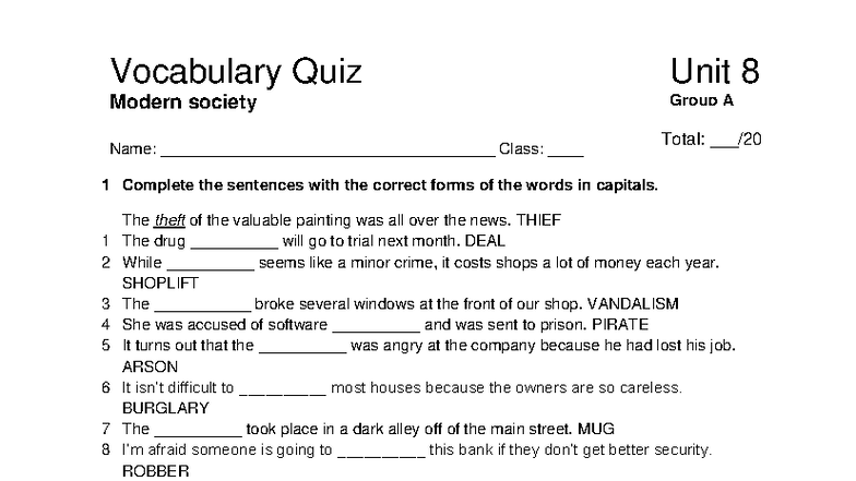 Focus 3 2E Vocabulary Quiz Unit8 Group A - Vocabulary Quiz Unit 8 ...