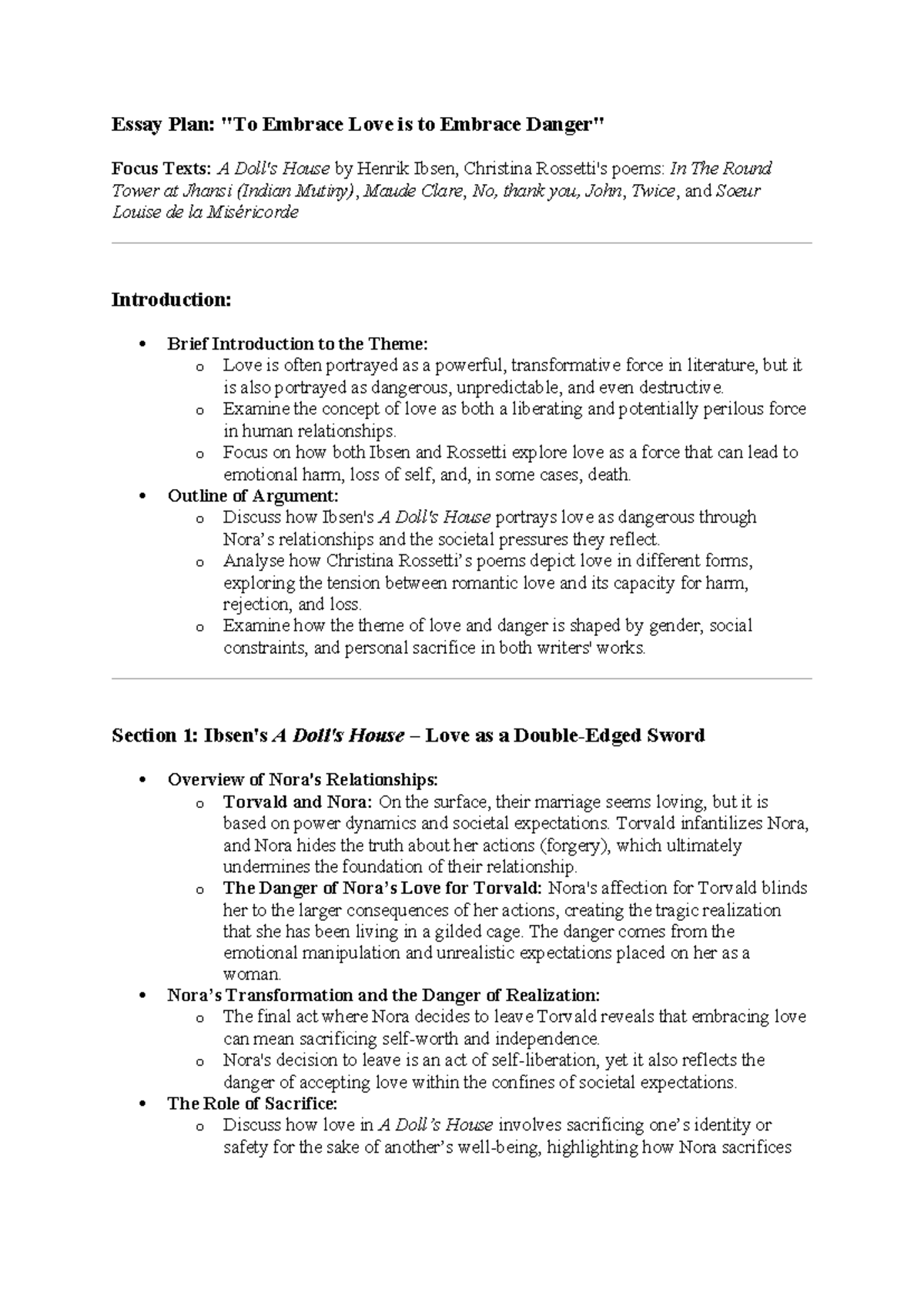 Drama and Poetry Essay Plan: Love as a Dangerous Force in Ibsen and ...