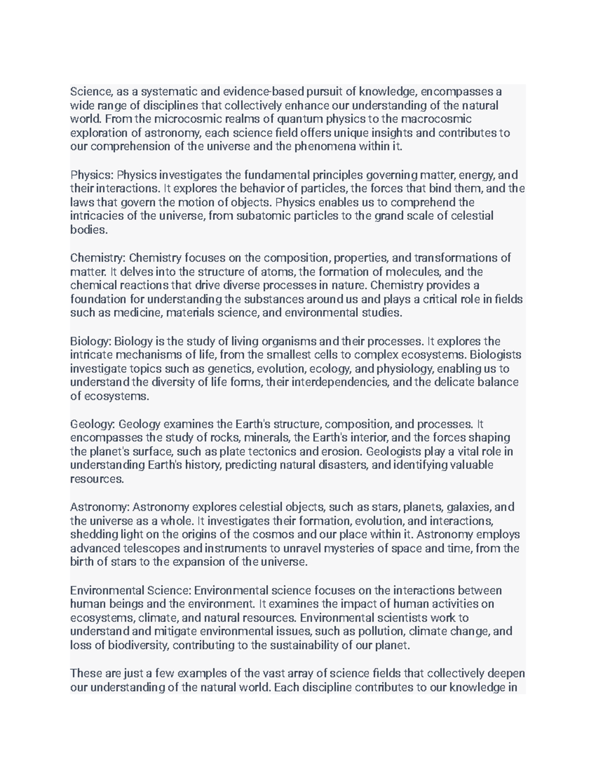 Science Fields Summary - Science, as a systematic and evidence-based ...