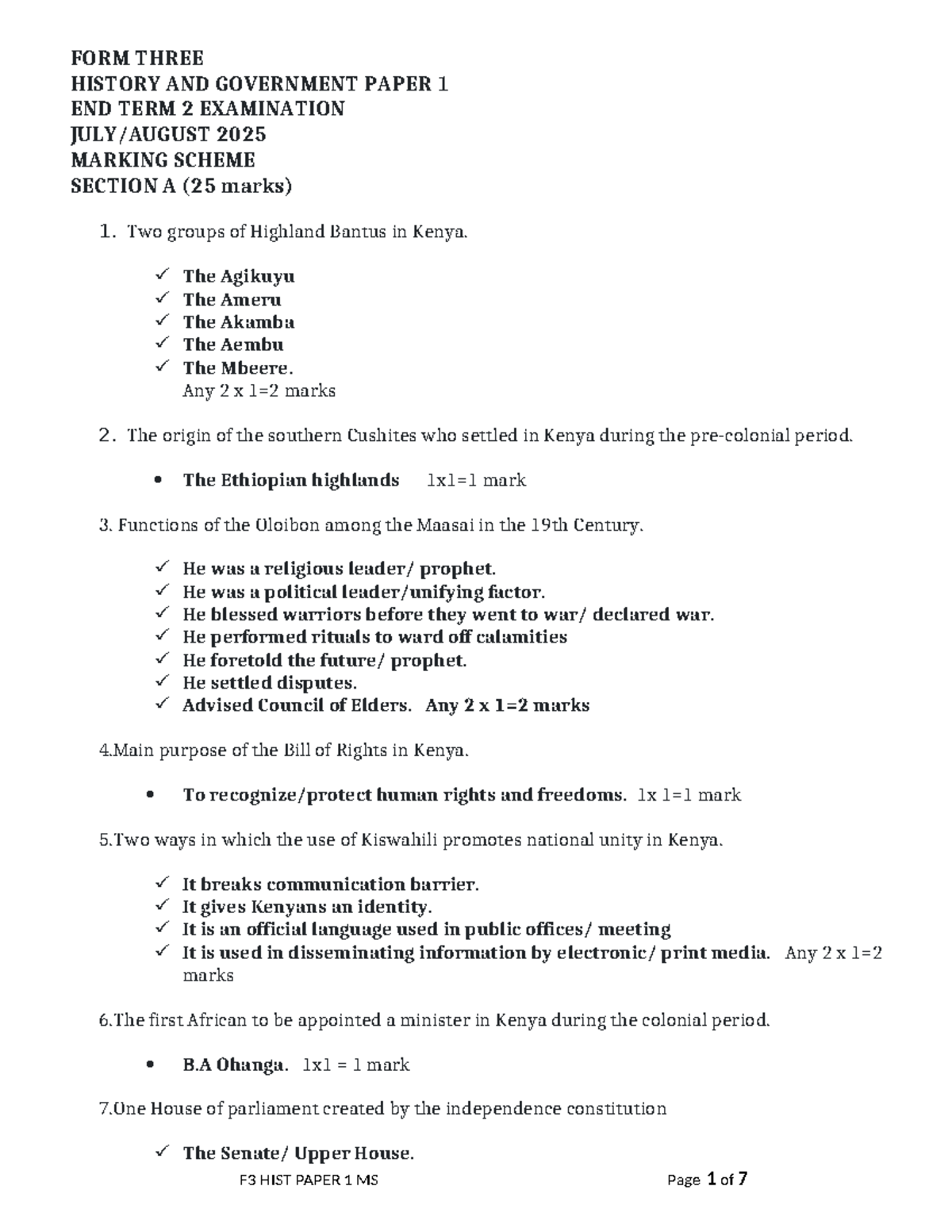 F3 HIST PAPER 1 END TERM 2 EXAMINATION 2025 MARKING SCHEME - Studocu
