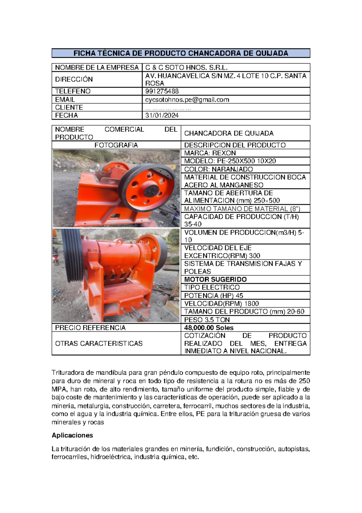 Ficha Técnica Chancadora de Quijada PE-250X para Minería y Construcción - Document Preview