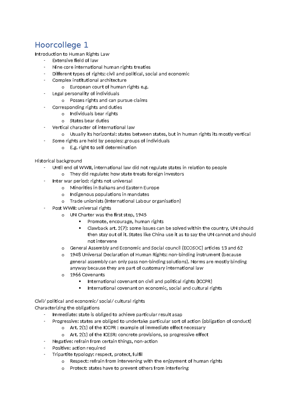 Week 1 Hoorcollege PIL: Introduction to Human Rights Law Overview ...